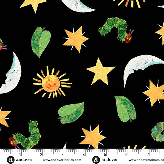 The Very Hungry Caterpillar A1439K Black Sun, Moon, and Stars Andover fabrics