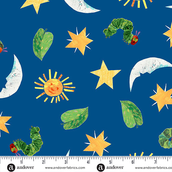 The Very Hungry Caterpillar A1439B Blue Sun, Moon, and Stars Andover fabrics