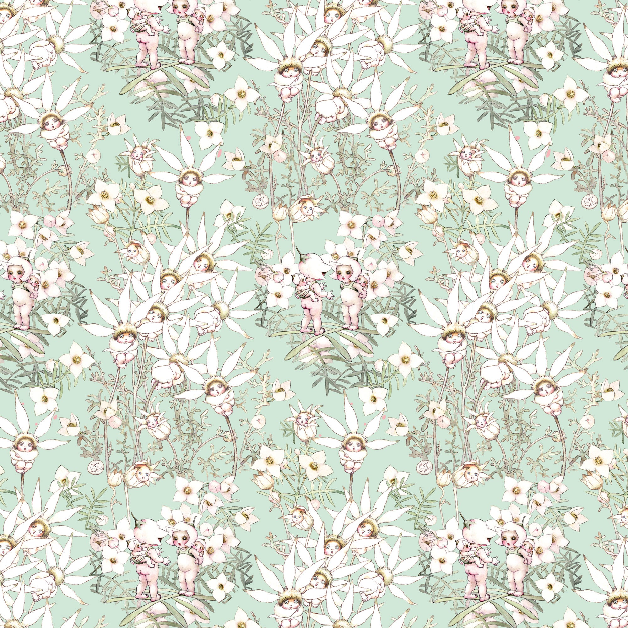 May Gibbs Collection - Pastel Flowers Mint - MG1022 Devonstone Collection