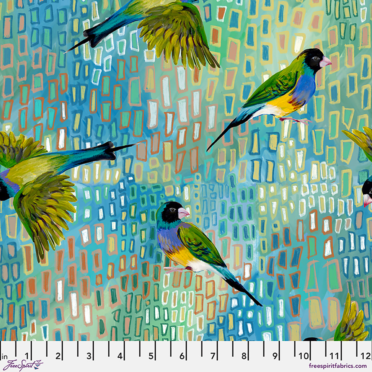 Helen Godden - Birds of a Feather - Gouldian Finch - Aqua - PWHG018.AQUA - FreeSpirit Fabrics